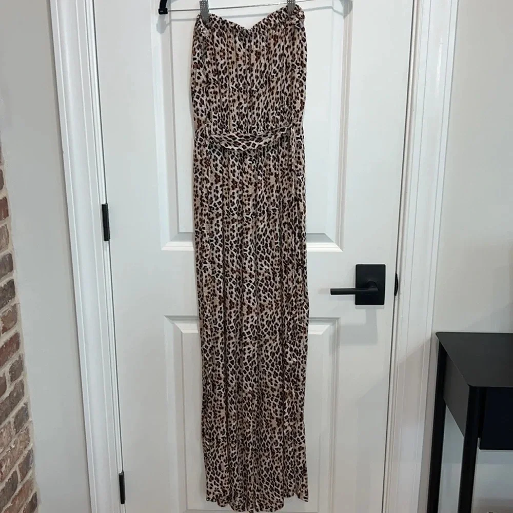 Leopard Print Wide Leg Jumpsuit Strapless Safari Summer Light Women’s Size Small - Picture 5 of 9
